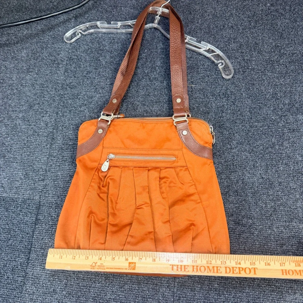 Baggallini Y2K Burnt Orange Nylon Hobo Bag Brown Leather Trim Pleated ManyPocket